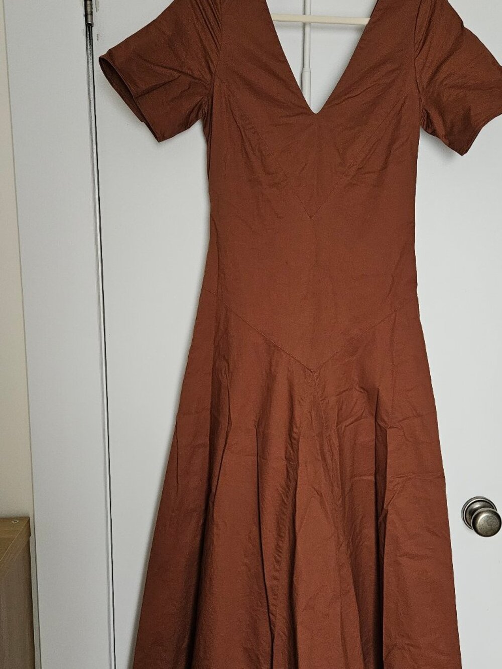 Brown cotton structured V-neck maxi dress
